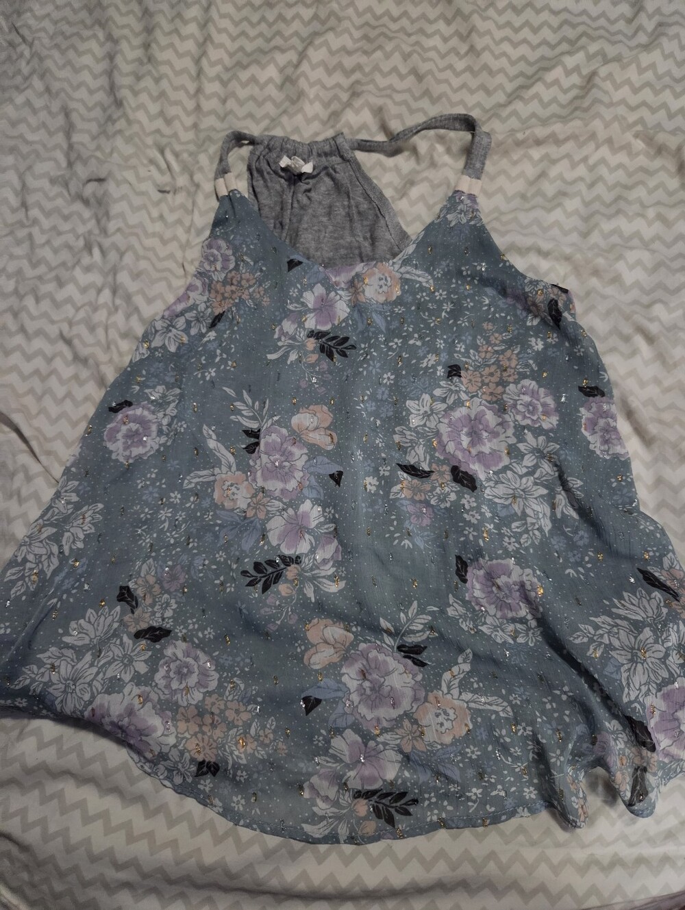Maurice's Large Gray Back Sparkly Blue Floral Front Tank Top